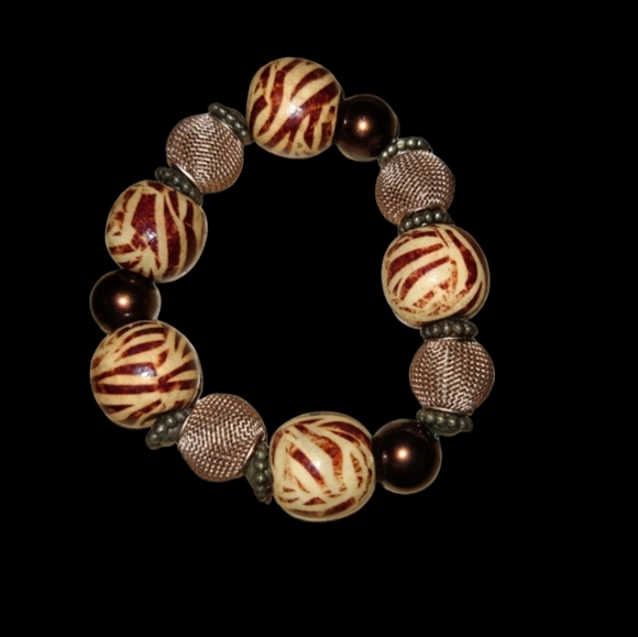 6" Brown Vintage Stretchy Beaded Bracelet L8 - Picture 2 of 2